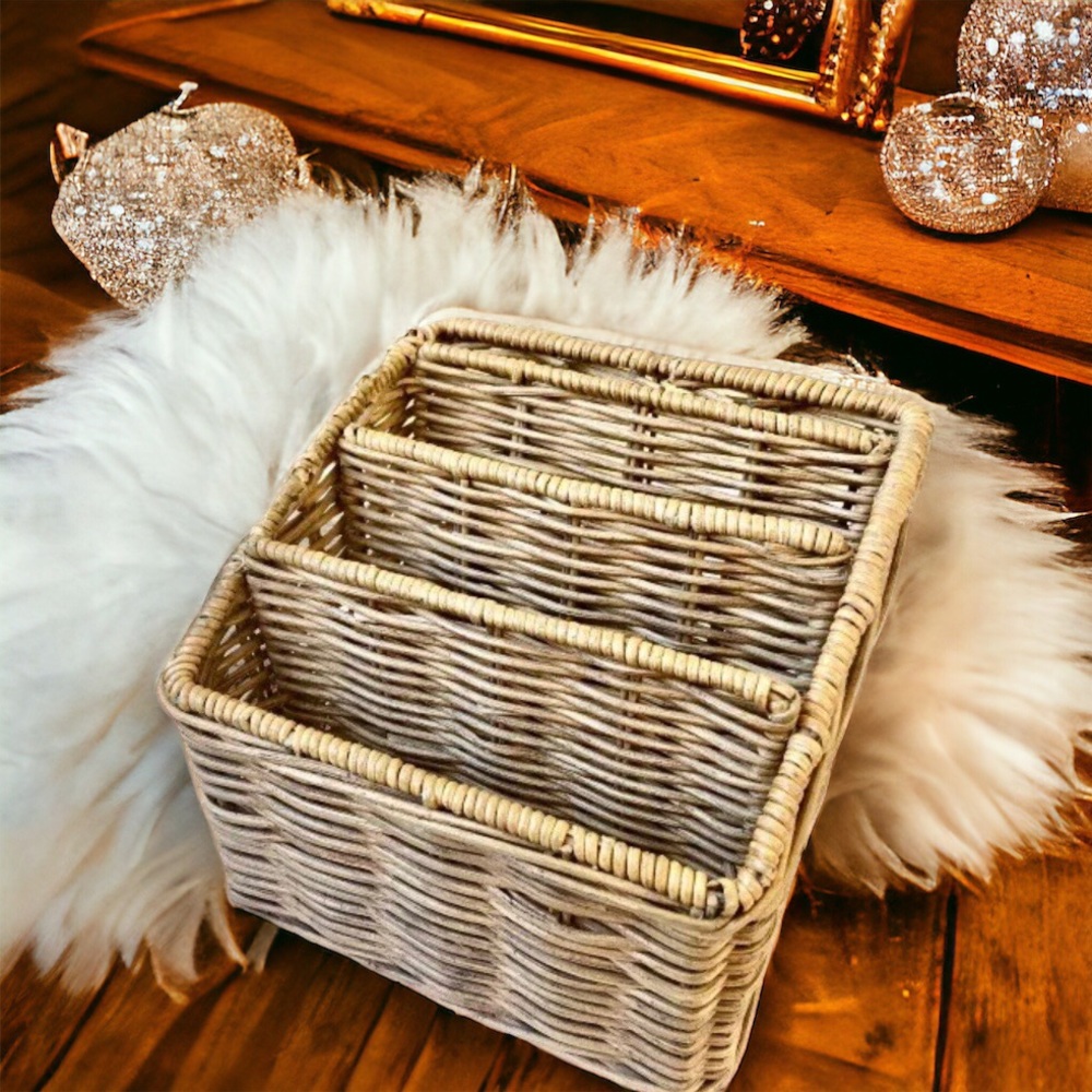 Vintage Wicker Mail Organizer Desktop Letter Paper Holder 4 Section Basket Rack